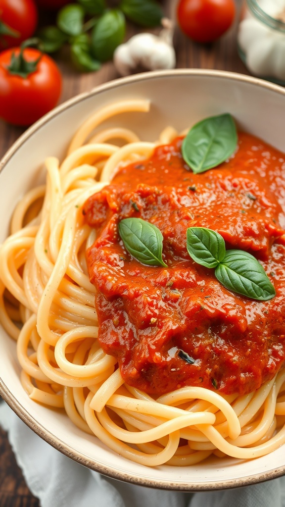 A delicious bowl of vegan vodka sauce with pasta and fresh basil on a rustic wooden table.
